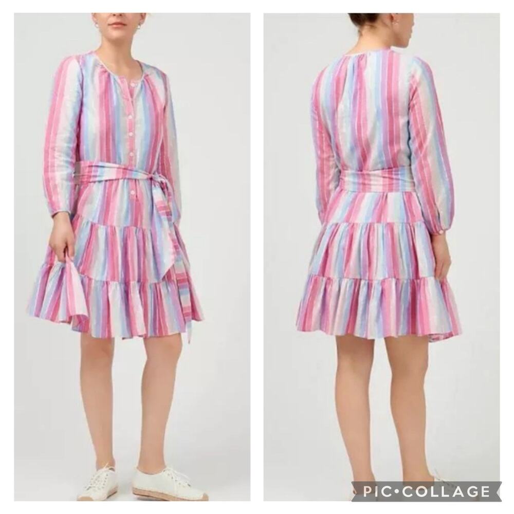 Pastel Striped J Crew Veda Metallic Thread Cotton Belted Dress Small Pockets